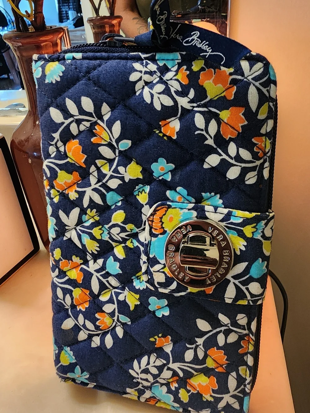 Vera Bradley Navy Quilted Floral Phone Wallet with Turn-Lock
